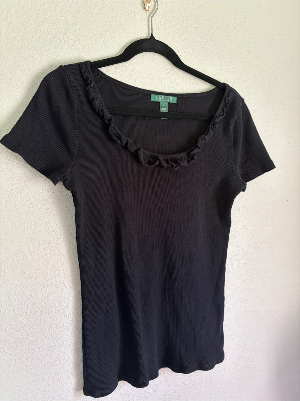 Lauren Ralph Lauren Black Short-Sleeve Scoop Ruffle Neck Tee